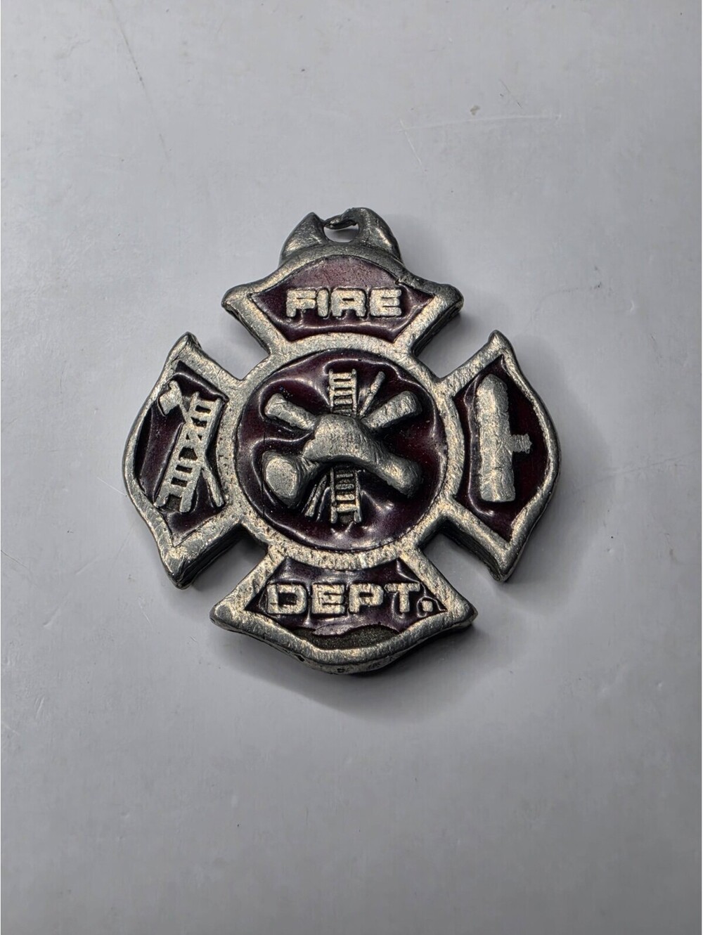 Vintage Pewter Fire Dept Maltese Cross Pendant Red Enamel